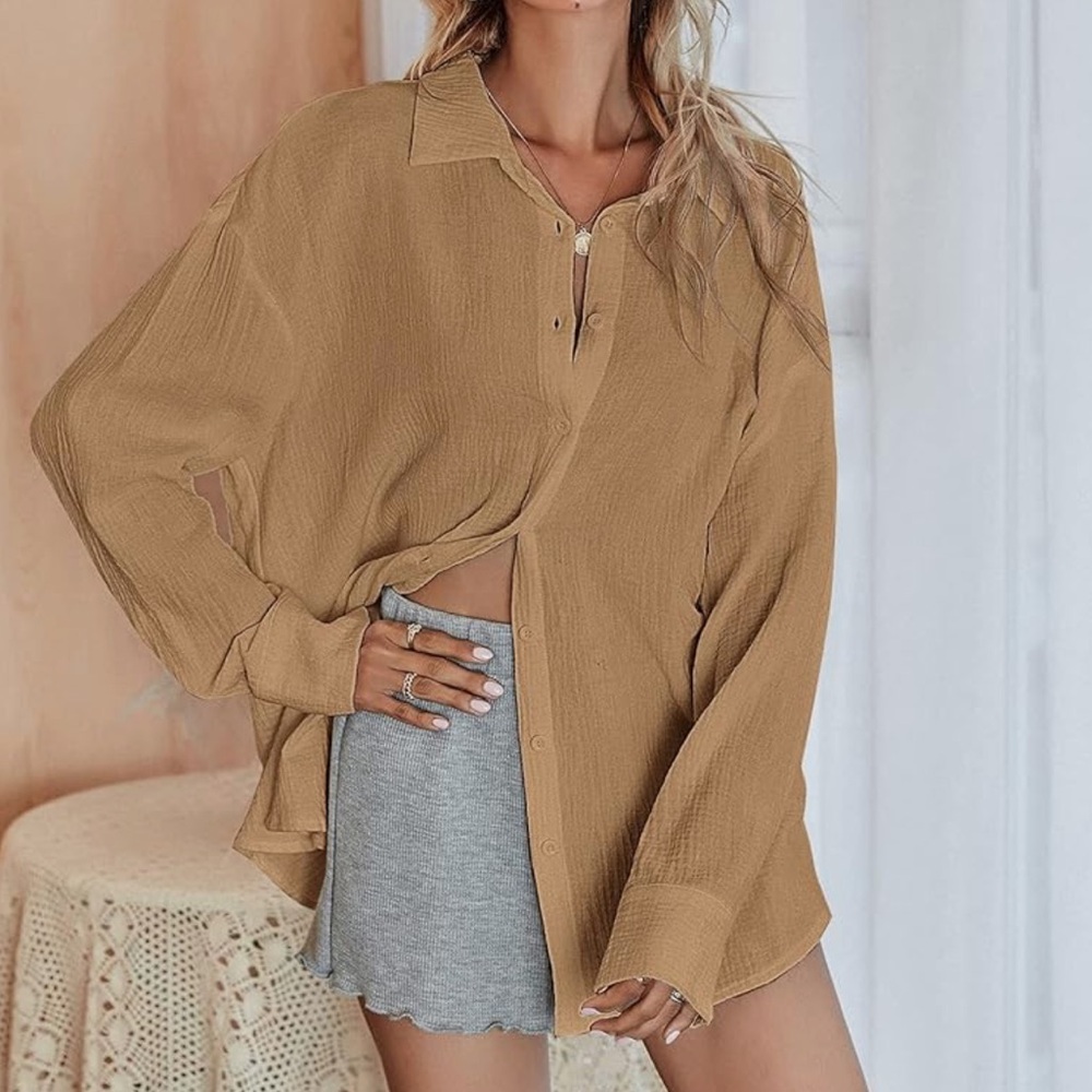 Women's Oversized Button Down Shirts Collared Button Up Shirt Blouse Top Khaki
